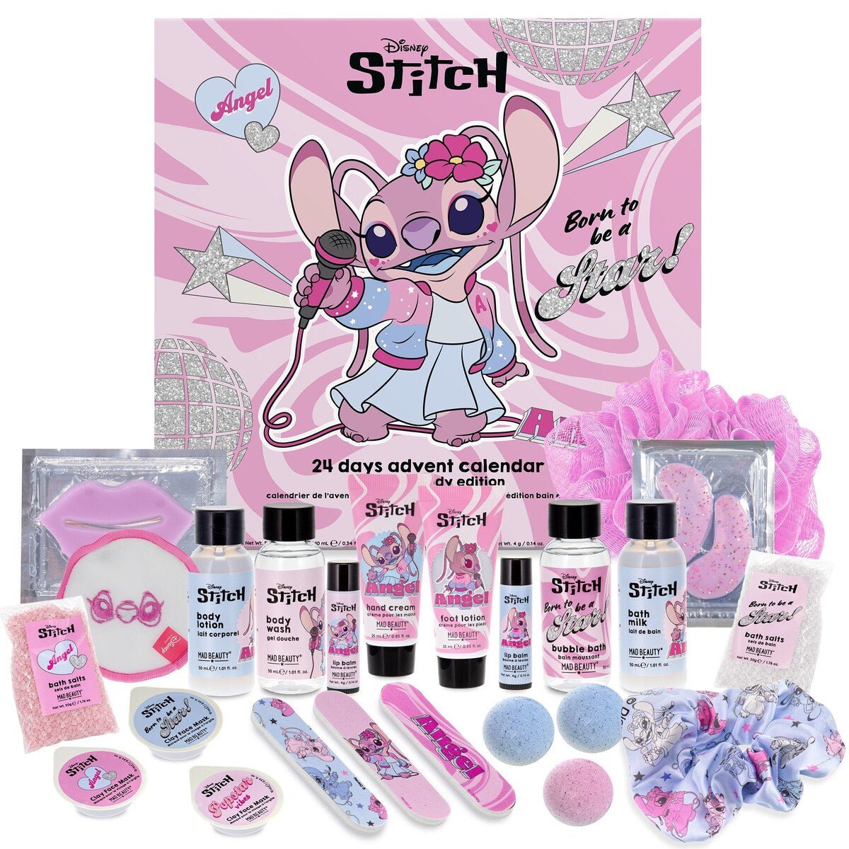 Stitch och Angel adventskalenderbox med bad- och kroppsprodukter uppställda framför