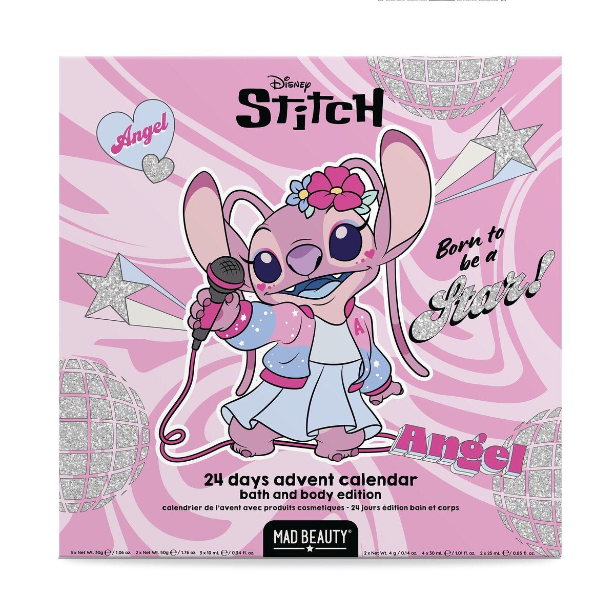 Framsidan av den rosa Stitch och Angel Adventskalender-boxen