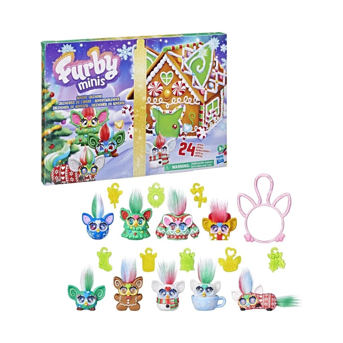 Avattu kalenterilaatikko Furby Minis -hahmojen vieressä