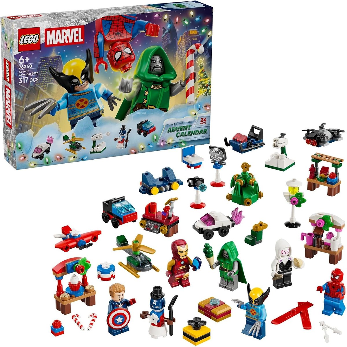 LEGO Marvel advent calendar box with the models in front