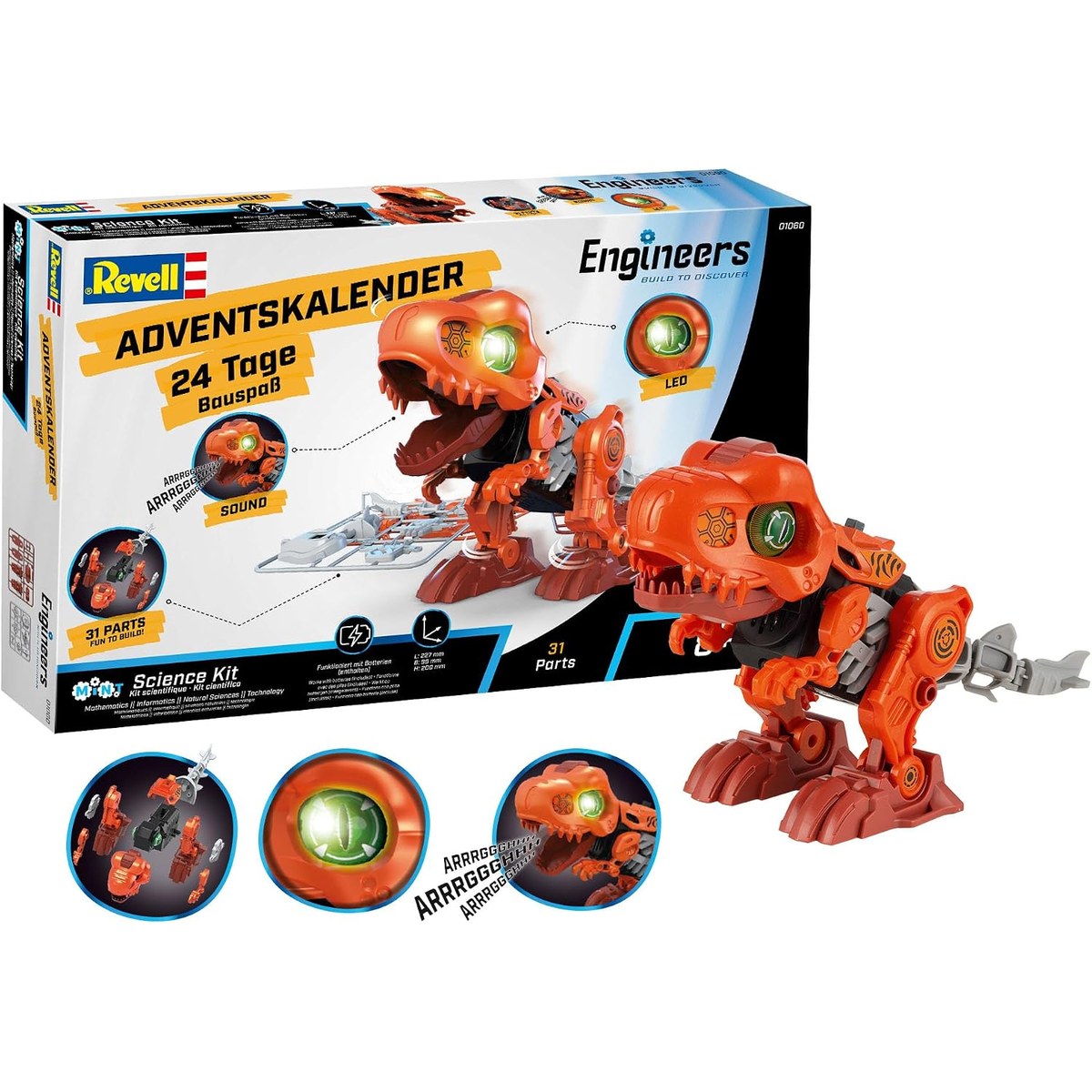 Revell Engineers Electric T-Rex -adventtikalenterin laatikko, dinosauruksen kuva edessä