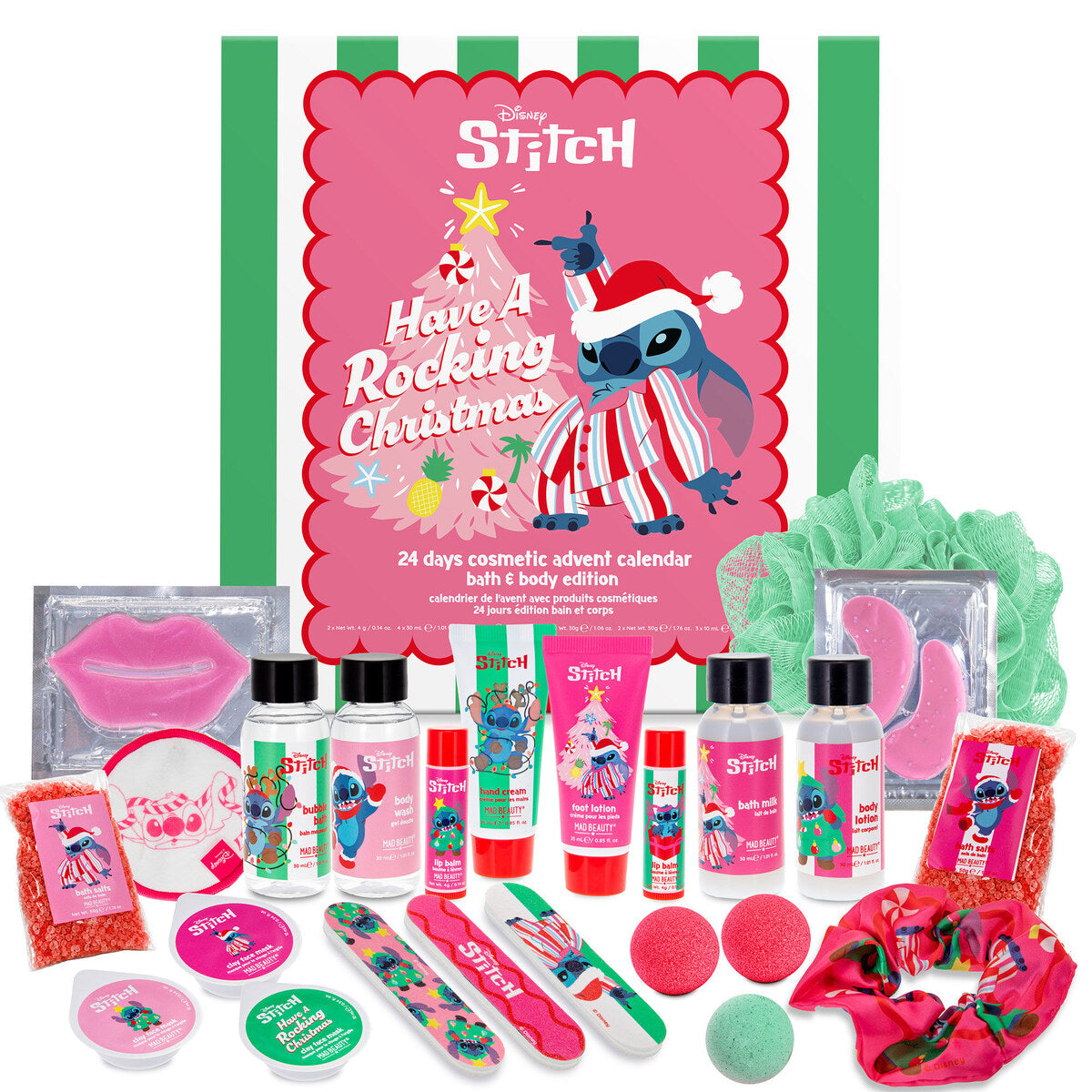 Pudełko kalendarza adwentowego Stitch Have a Rocking Christmas z kosmetykami do kąpieli i ciała z przodu