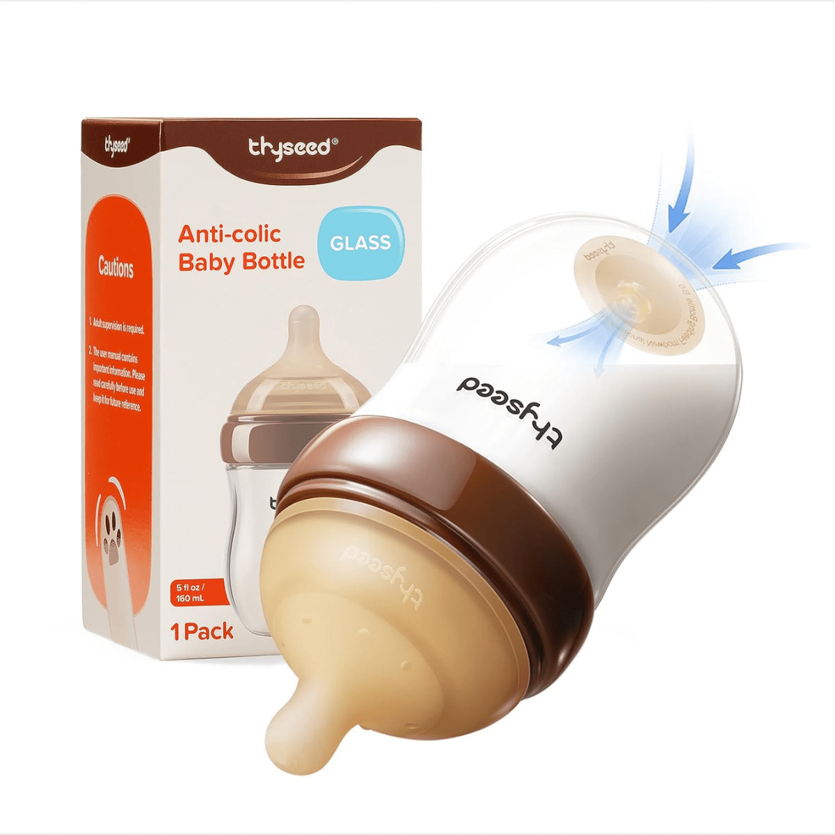 Thyseed Glass Natural Anti‑Colic Baby Bottle, 160 ml - Lastenurk.com