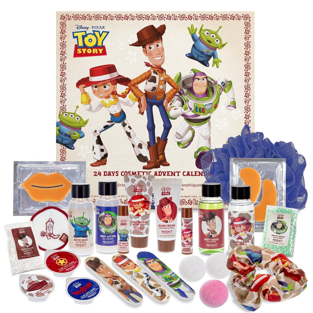 Pudełko Kalendarza adwentowego Toy Story z produktami do kąpieli i pielęgnacji ciała ułożonymi z przodu